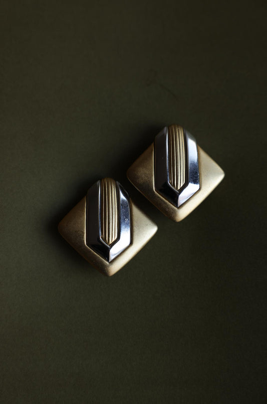 Geometric Two-Tone Clip-On Earrings by P.E.P|Vintage Baazaar 