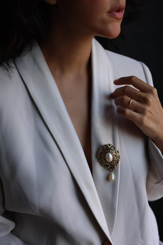 Gold-Tone Brooch with Faux Pearl and Teardrop Accent