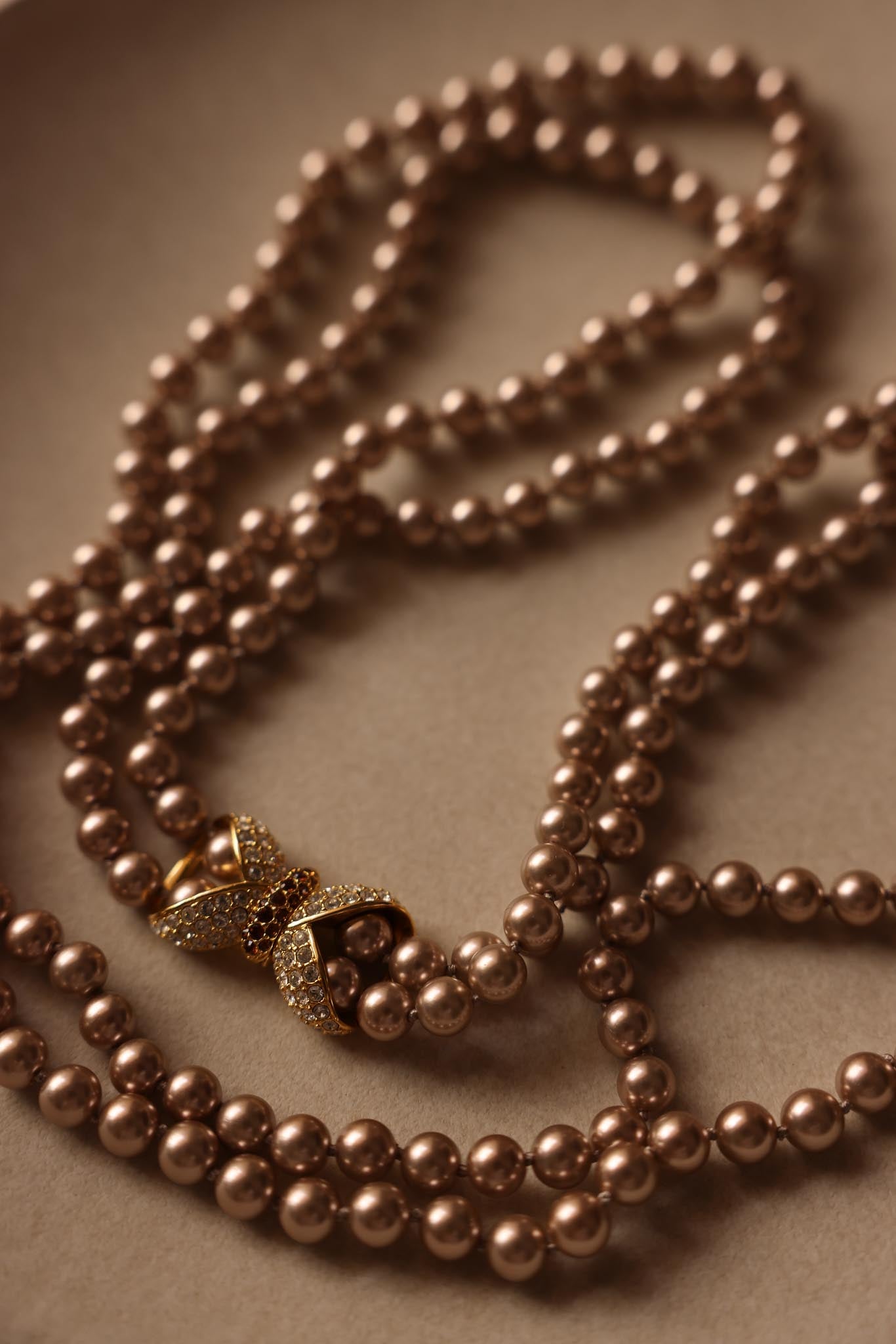 Nolan Miller Double Strand Faux Pearl Necklace with Rhinestone Bow Clasp|Vintage Baazaar 