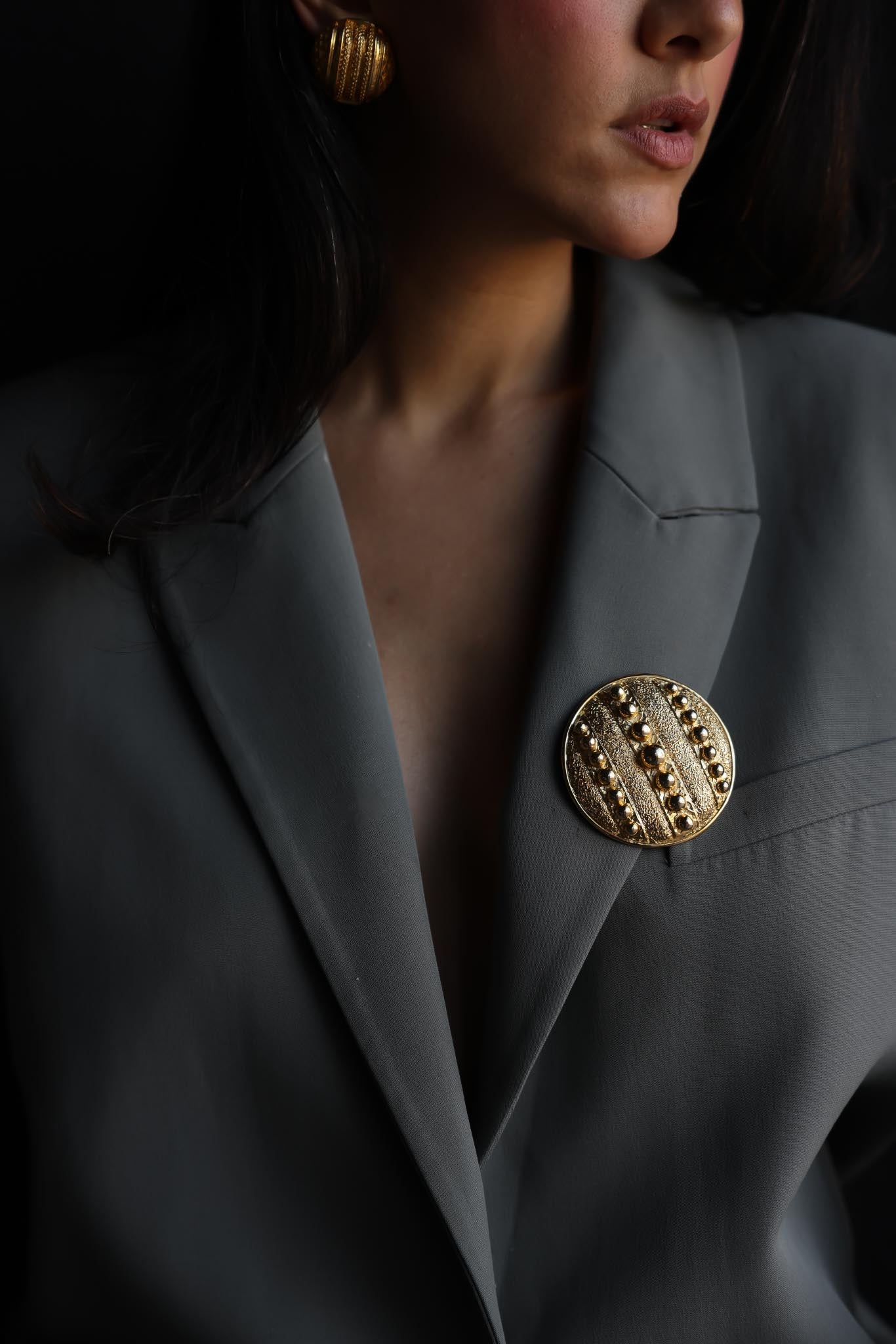 Textured Dome Brooch with Raised Beaded Stripes|Vintage Baazaar 