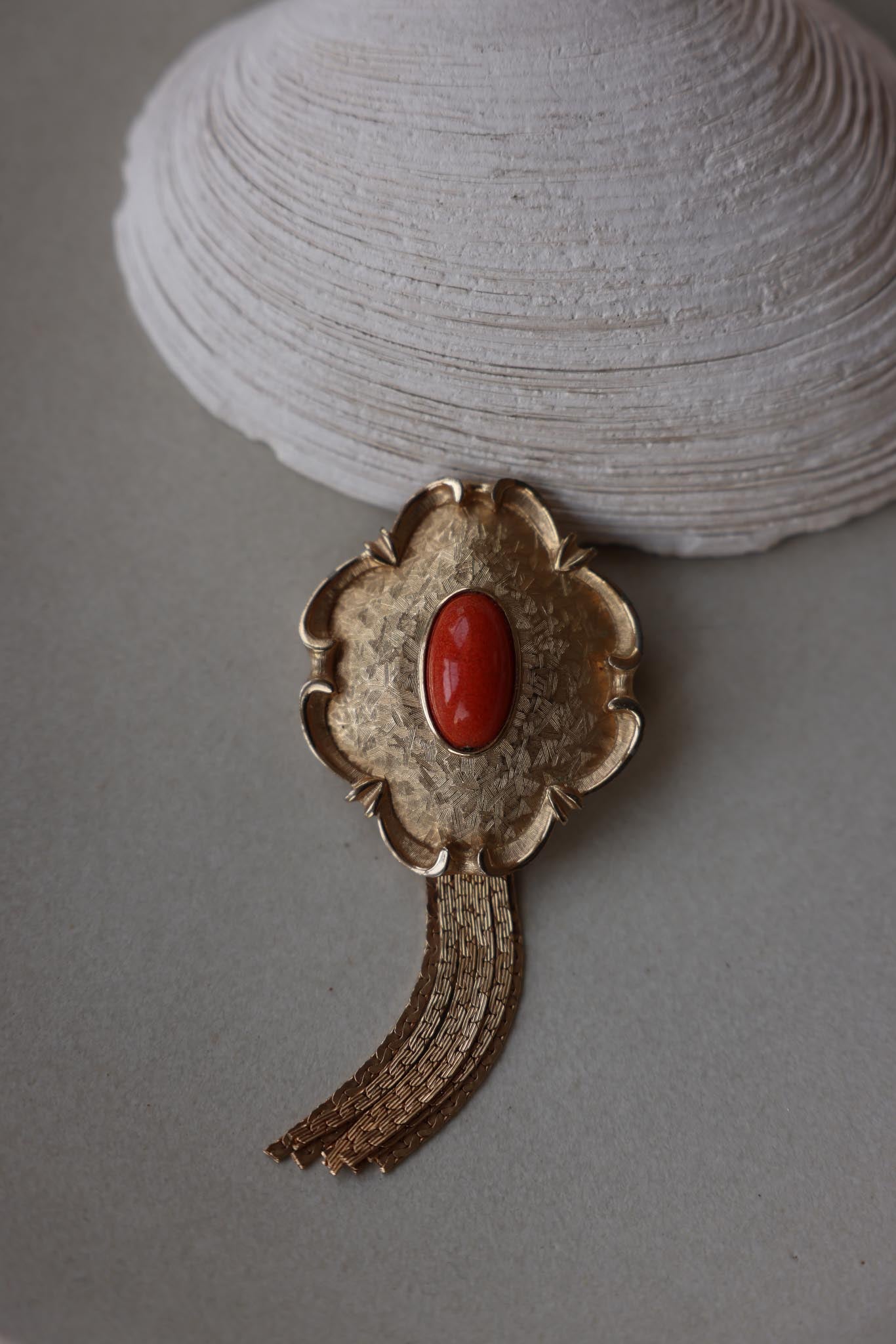 Gold-Toned Tassel Brooch with Coral Center|Vintage Baazaar 