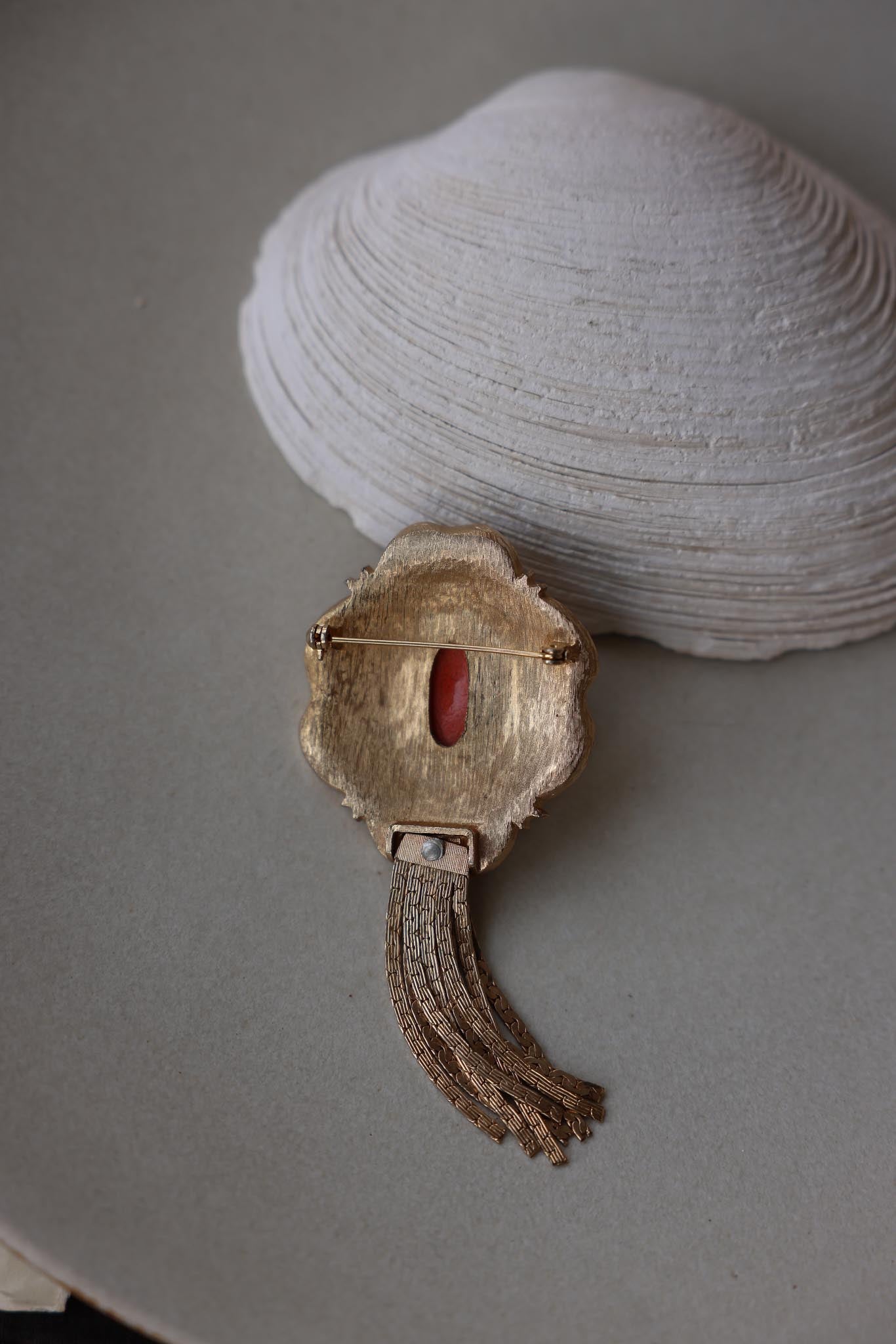 Gold-Toned Tassel Brooch with Coral Center|Vintage Baazaar 