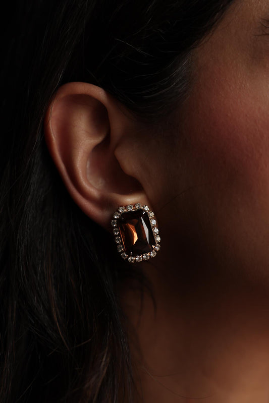 Gold-Filled Clip-On Earrings with Amber Glass Stones|Vintage Baazaar 
