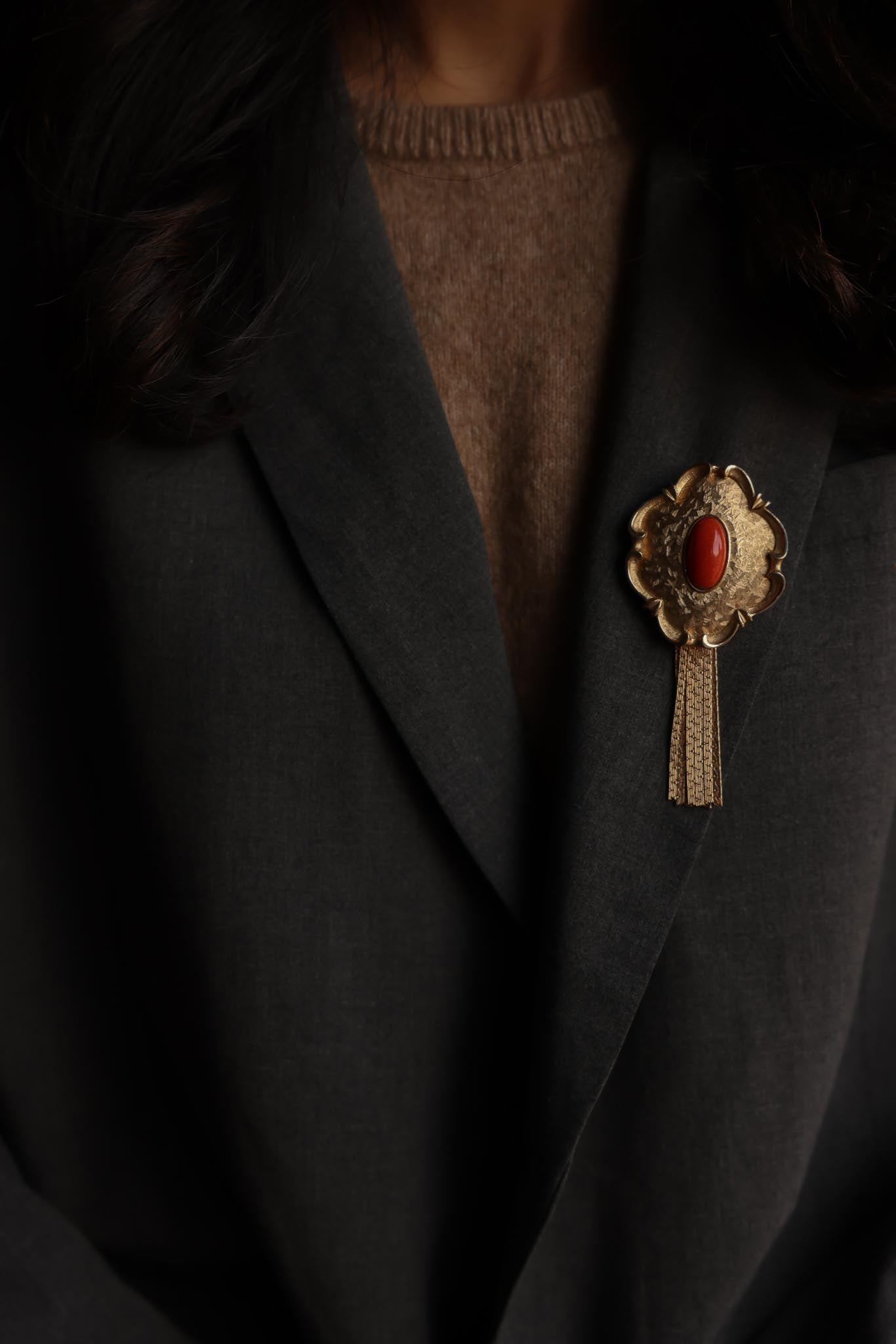 Gold-Toned Tassel Brooch with Coral Center|Vintage Baazaar 