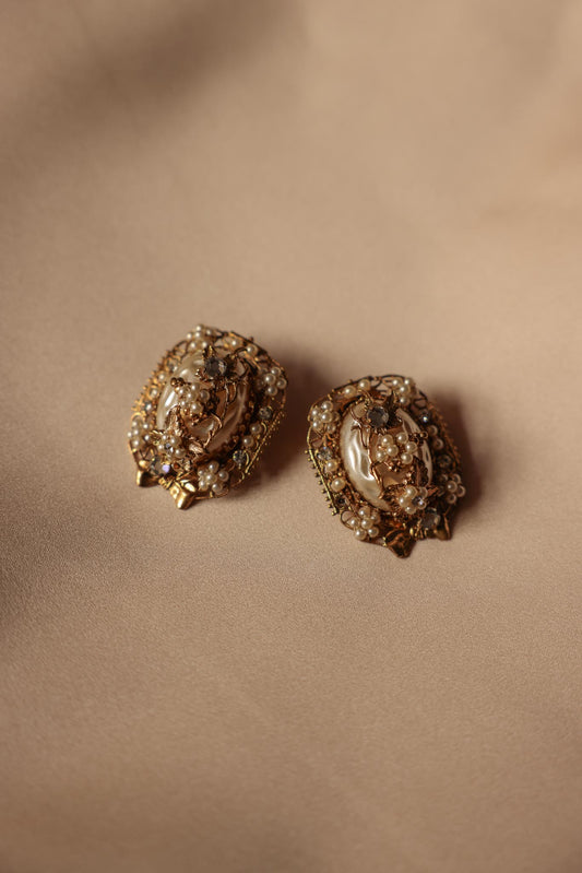 10k Gold Filled Victorian Filigree Pearl Clip-On Earrings