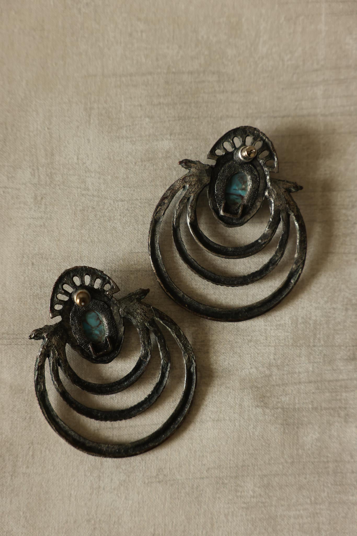 Silver-Tone Turquoise-Color Multi Hoop Drop Earrings – 1980s