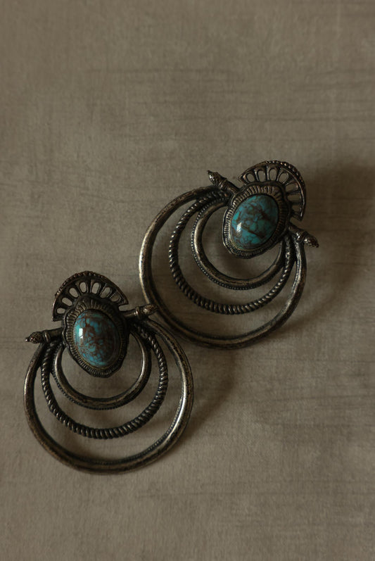 Silver-Tone Turquoise-Color Multi Hoop Drop Earrings – 1980s