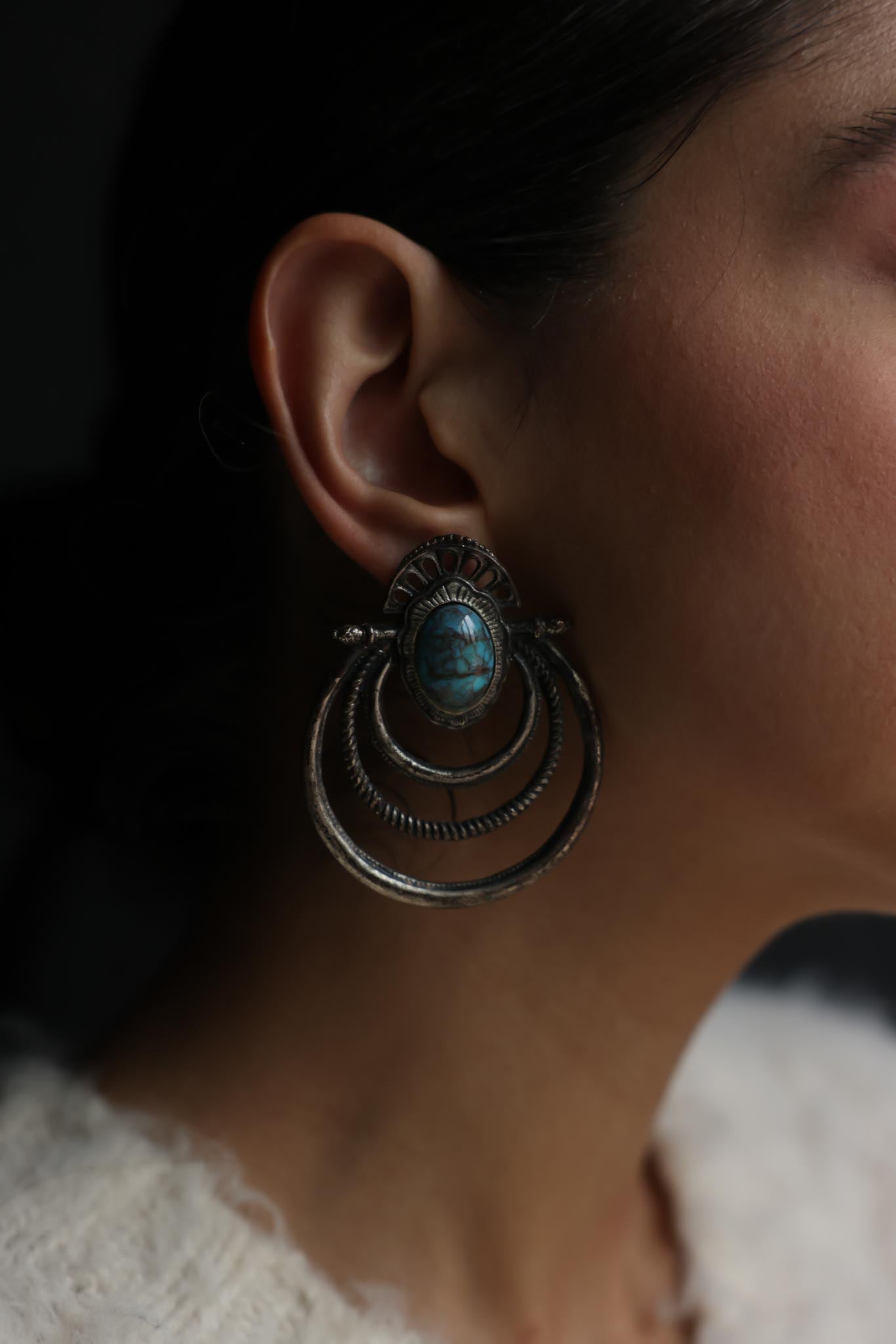Silver-Tone Turquoise-Color Multi Hoop Drop Earrings – 1980s