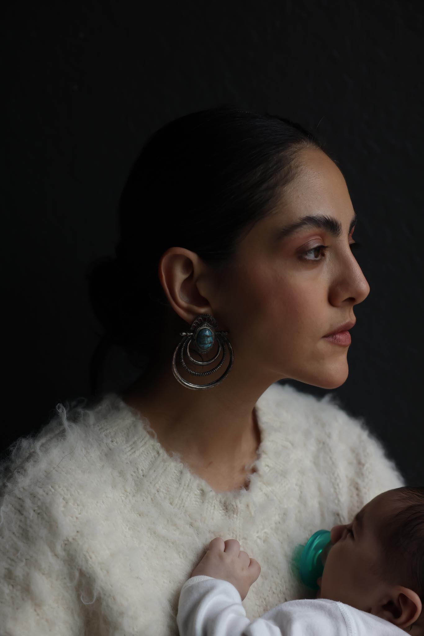 Silver-Tone Turquoise-Color Multi Hoop Drop Earrings – 1980s