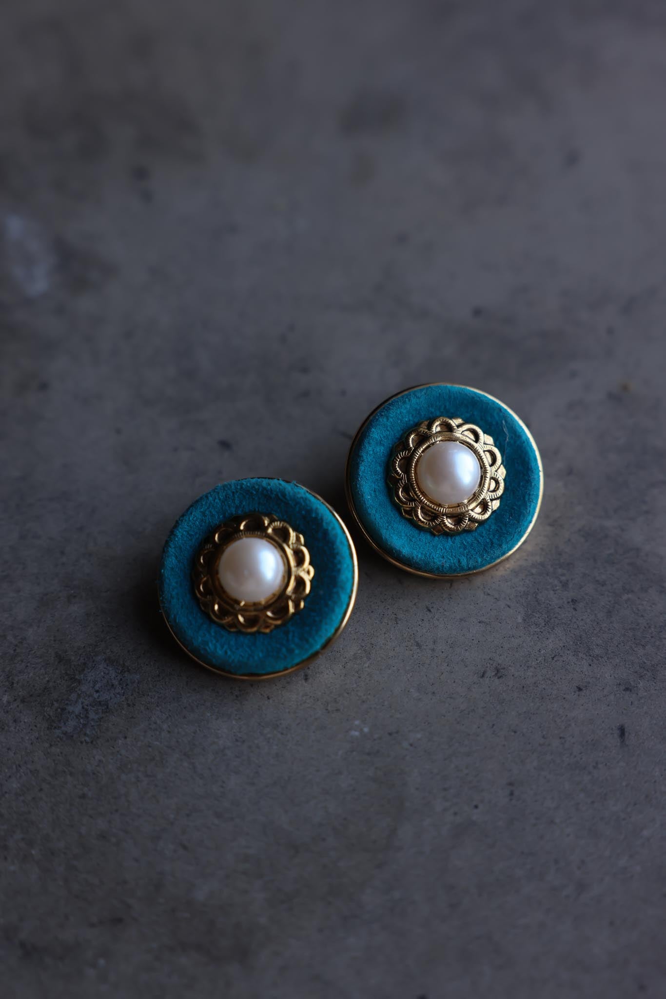 Gold-Tone Blue Suede Clip-On Earrings with Faux Pearl Centers
