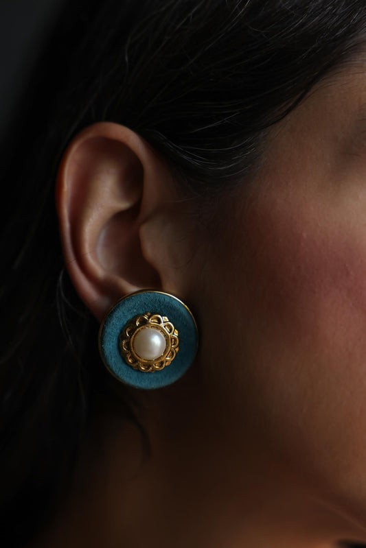 Gold-Tone Blue Suede Clip-On Earrings with Faux Pearl Centers