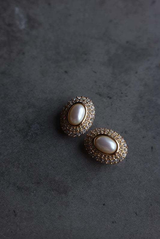 Oval Rhinestone Clip-On Earrings with Faux Pearl Centers