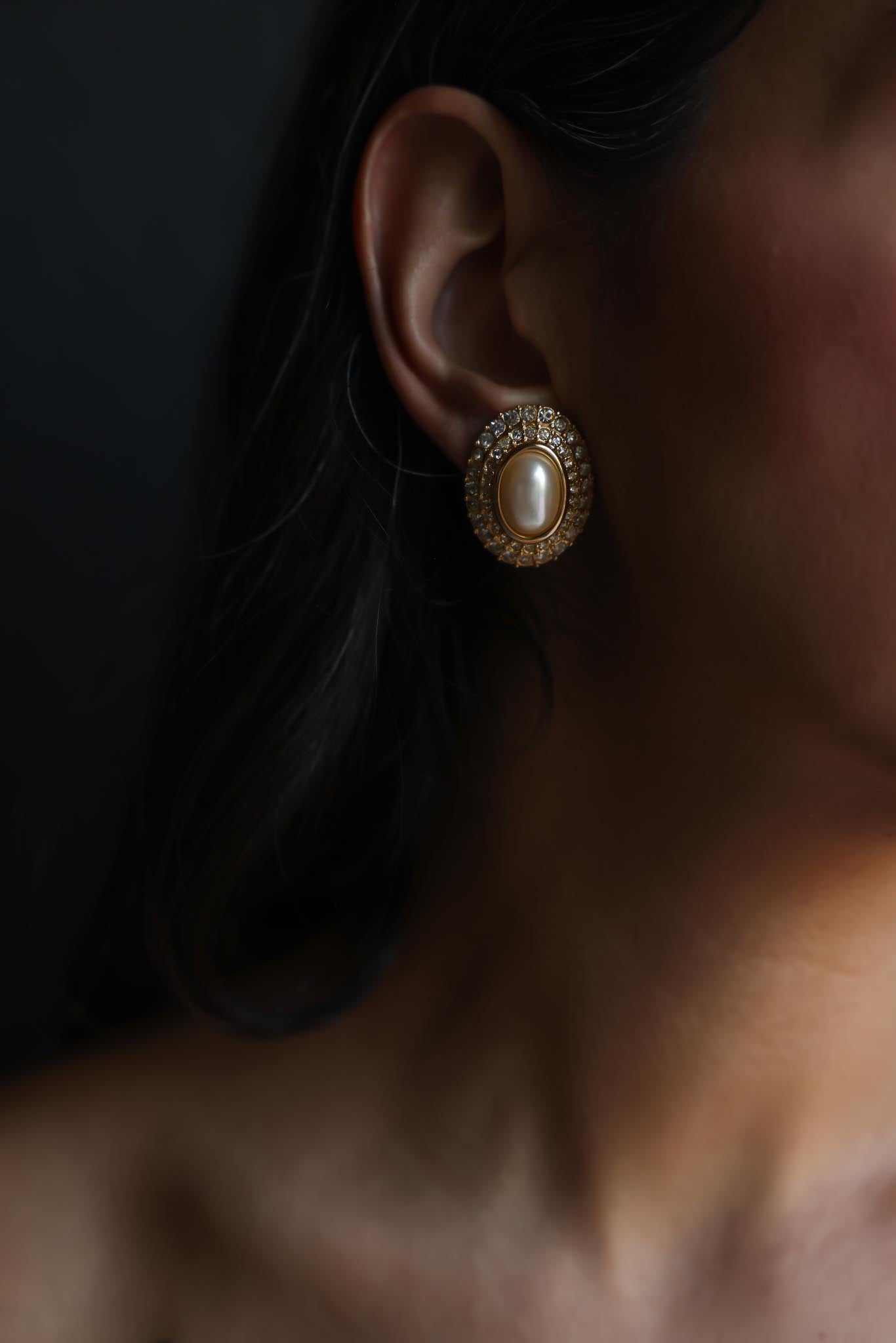 Oval Rhinestone Clip-On Earrings with Faux Pearl Centers