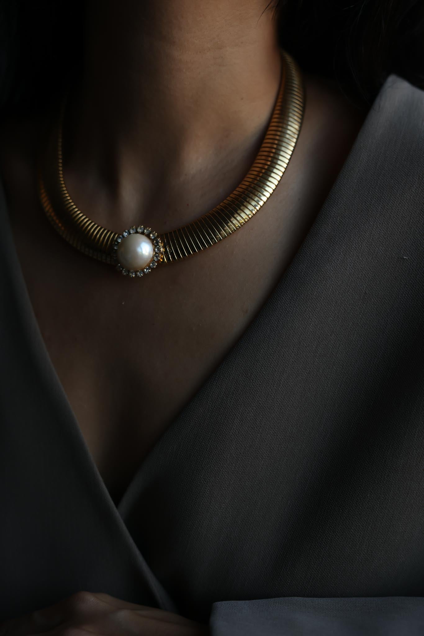 Gold Tone Omega Necklace with Faux Pearl & Rhinestone Center