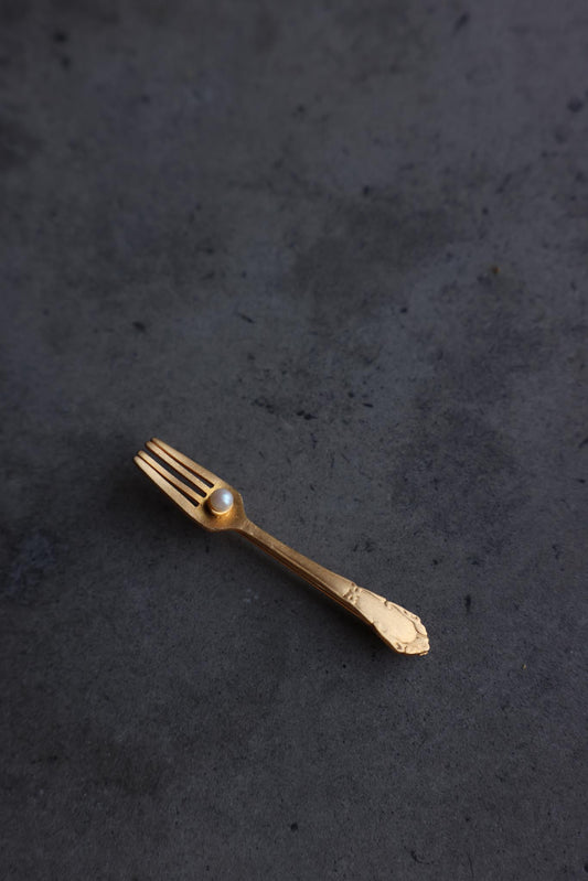 Golden Fork Brooch with Faux Pearl Accent
