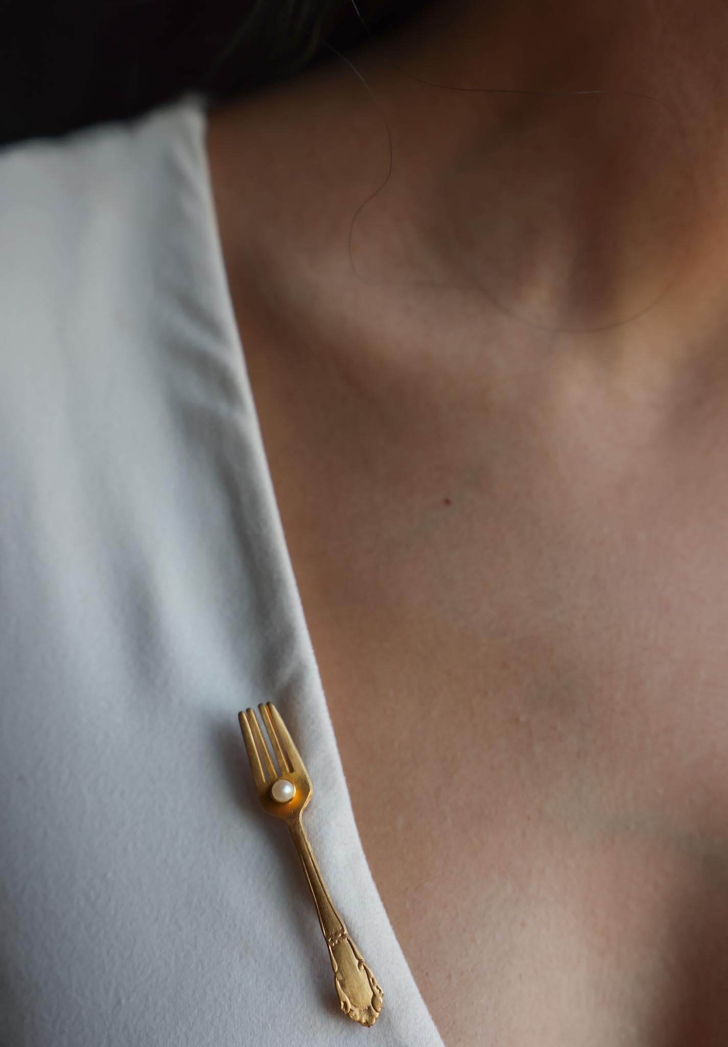 Golden Fork Brooch with Faux Pearl Accent
