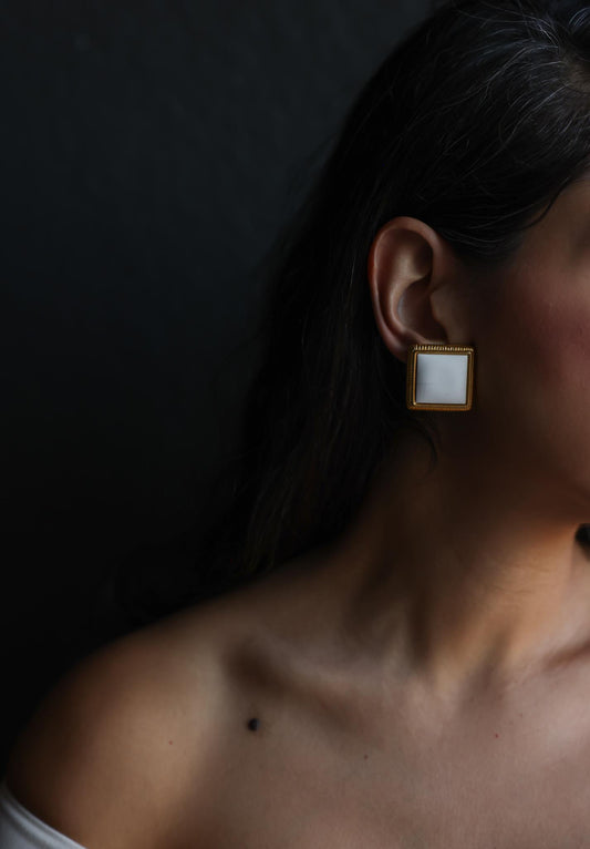 Liz Claiborne White and Gold-Tone Square Clip-On Earrings