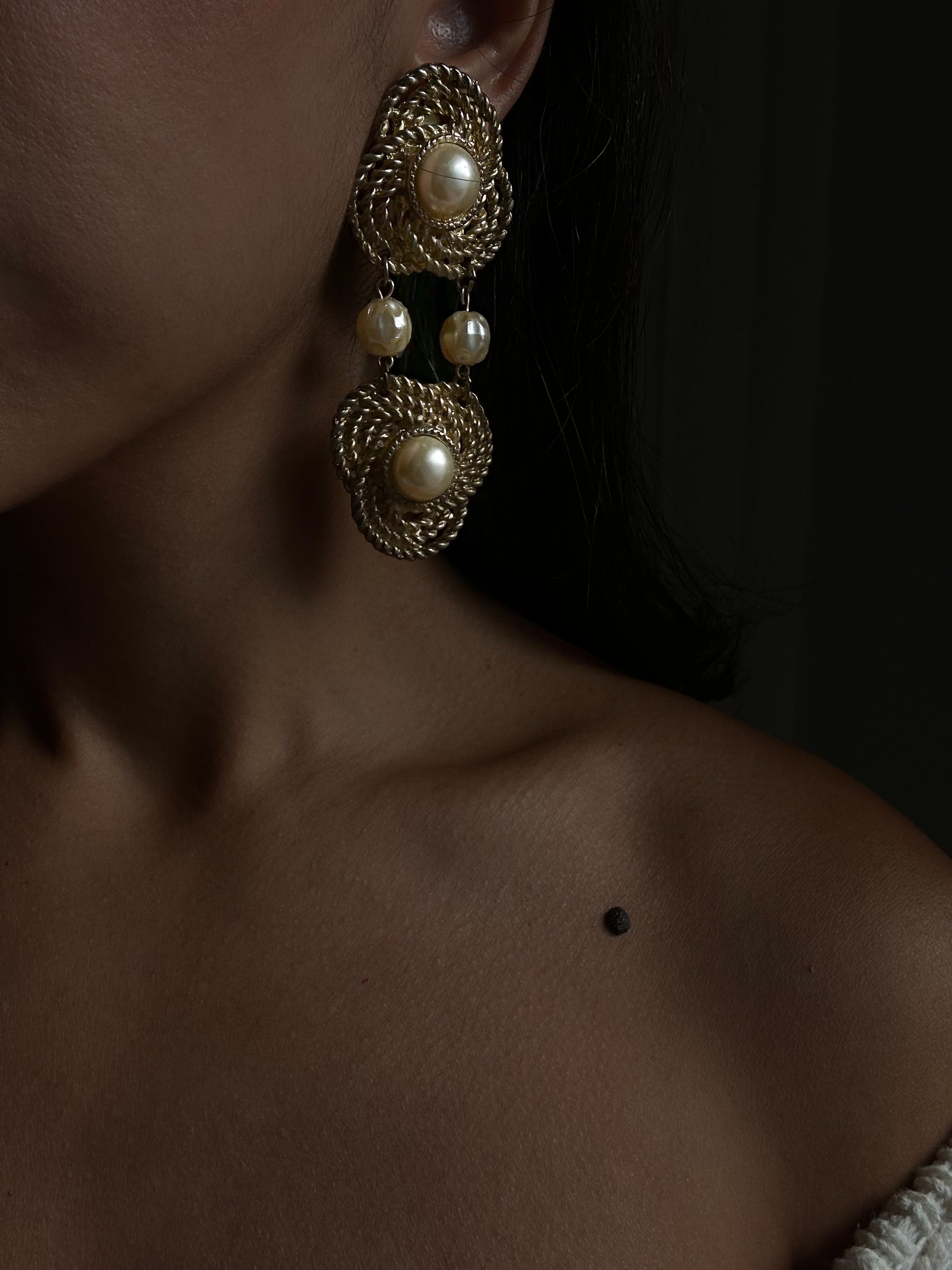 Golden Whirl Pearl Drop Earrings|Vintage Baazaar 