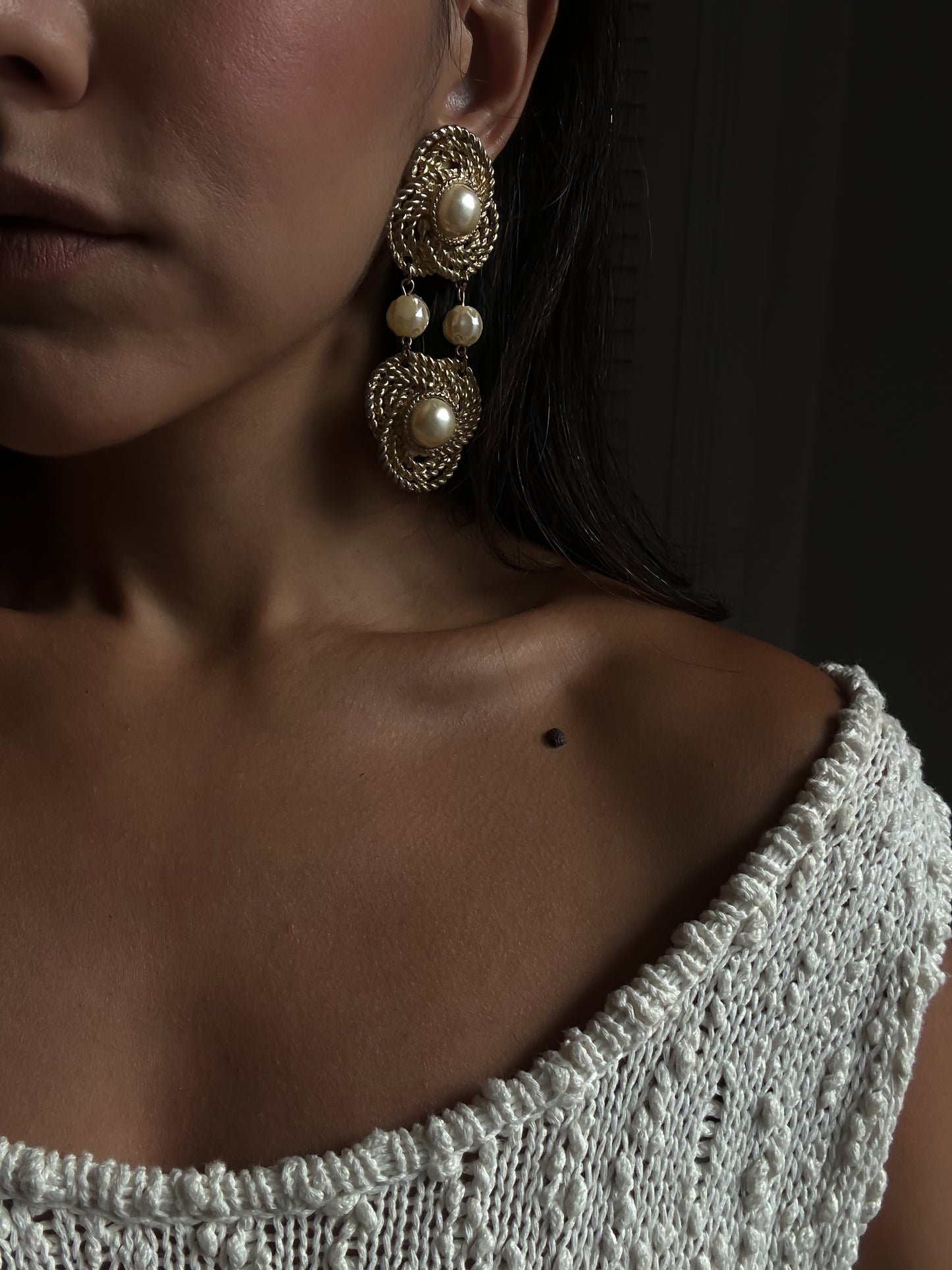 Golden Whirl Pearl Drop Earrings|Vintage Baazaar 