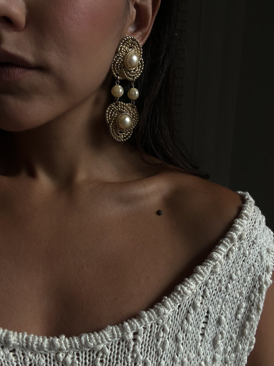 Golden Whirl Pearl Drop Earrings|Vintage Baazaar 