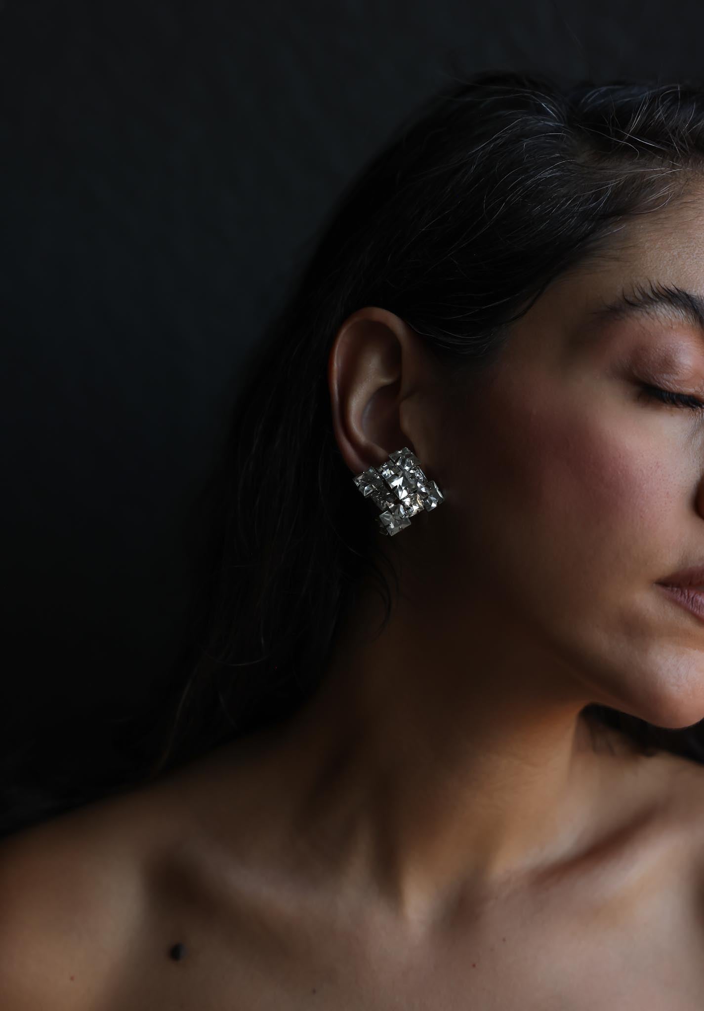 Silver-Tone Rhinestone Cube Clip-On Earrings