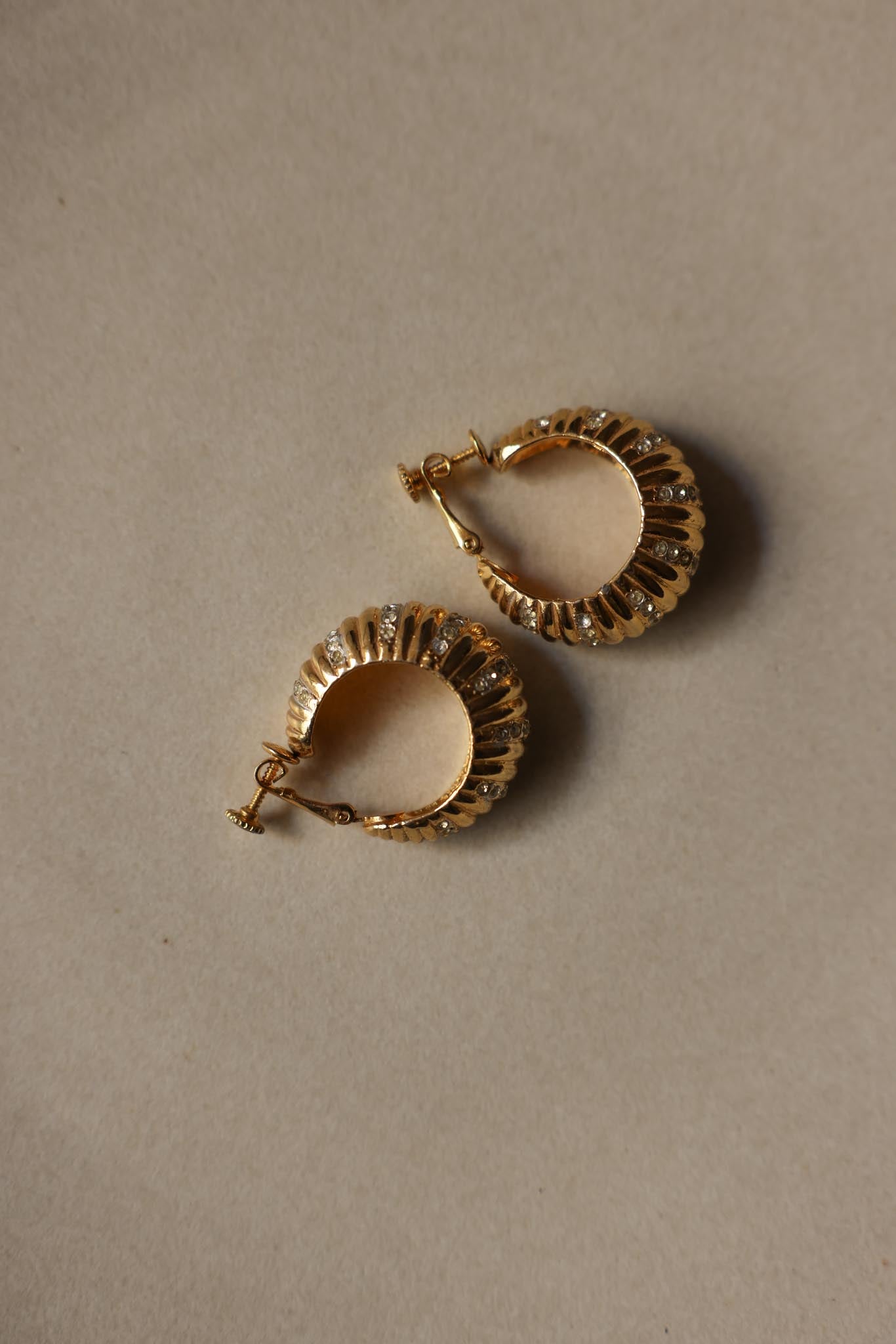 Gold-Tone Screw-Back Clip-On Hoop Earrings with Clear Rhinestones|Vintage Baazaar 