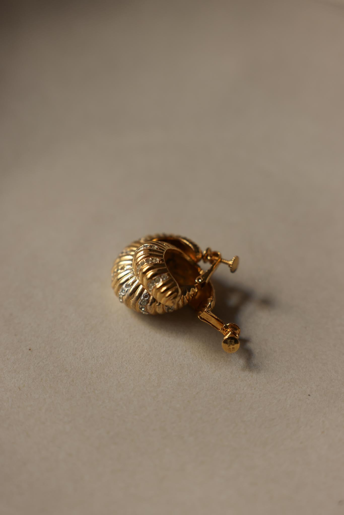 Gold-Tone Screw-Back Clip-On Hoop Earrings with Clear Rhinestones|Vintage Baazaar 