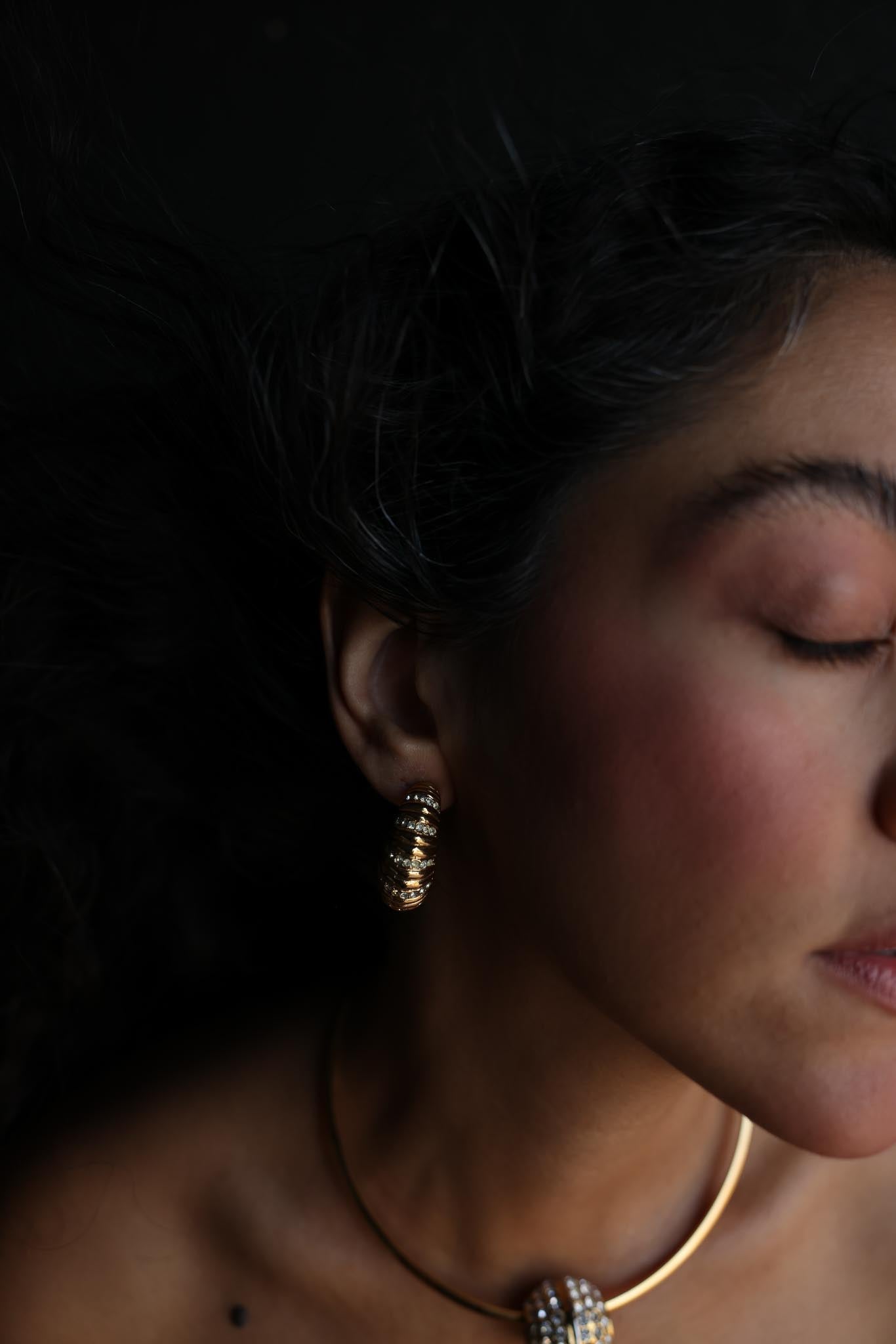 Gold-Tone Screw-Back Clip-On Hoop Earrings with Clear Rhinestones|Vintage Baazaar 