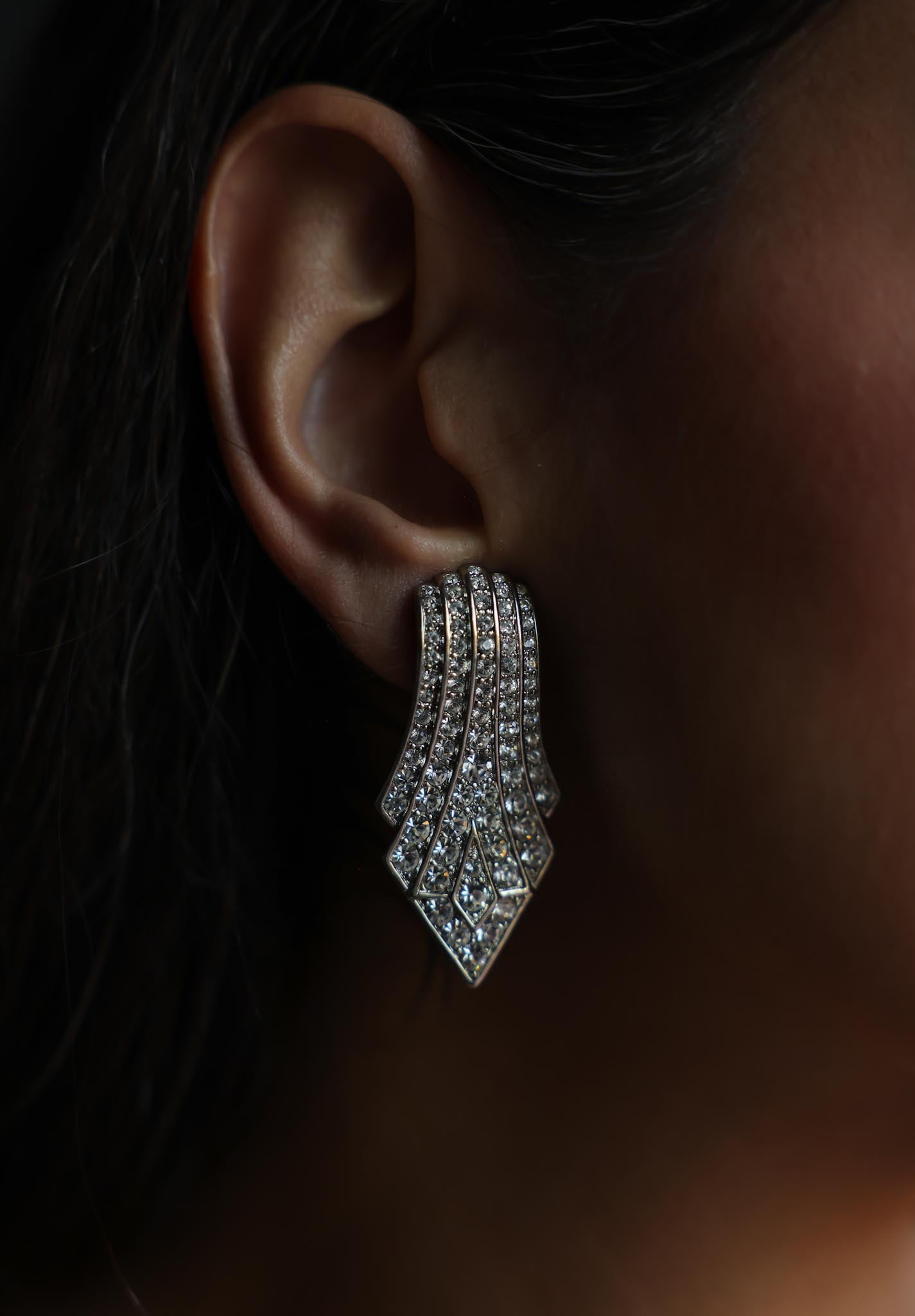 Carolee Silver-Tone Rhinestone Art Deco Clip-On Earrings