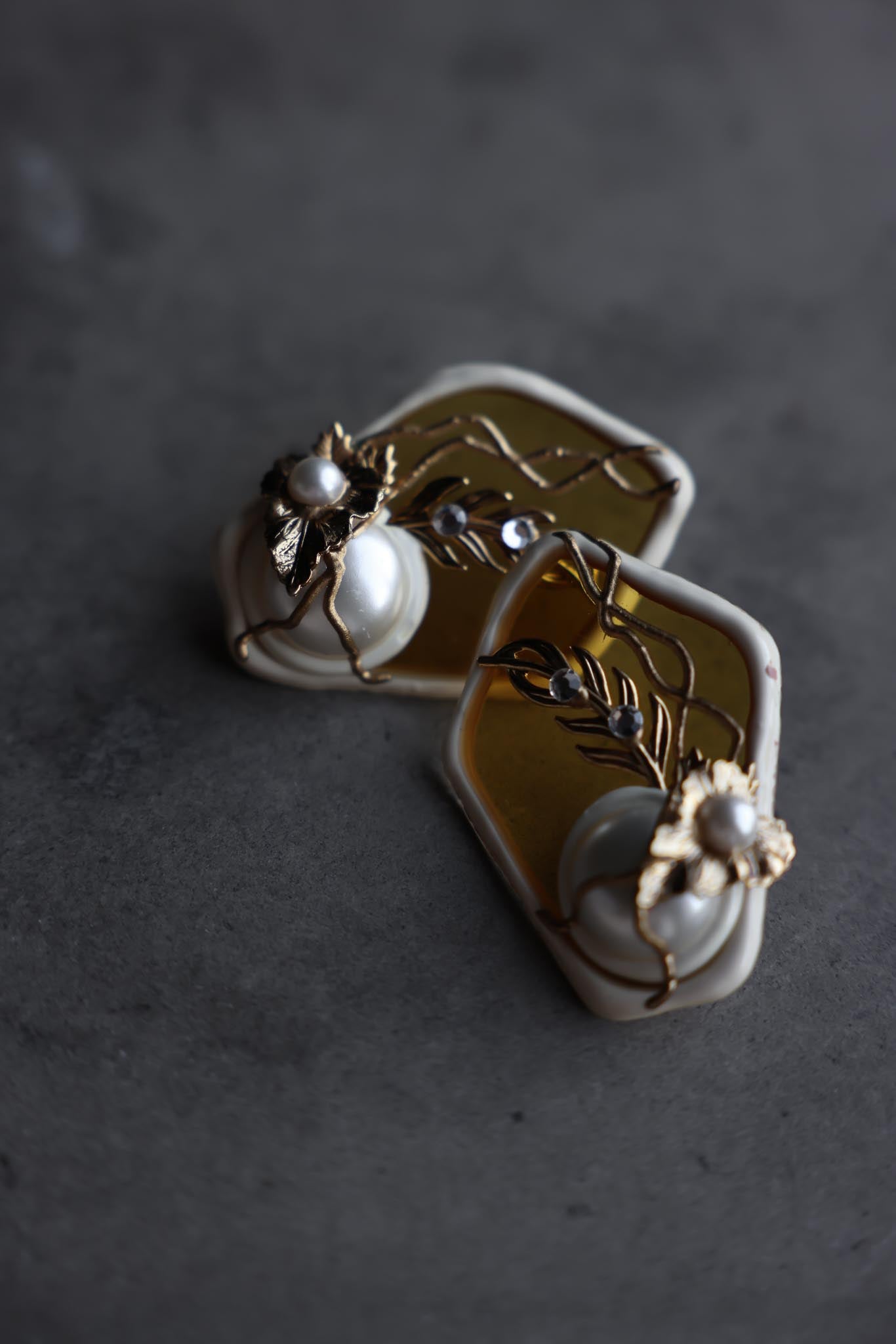 White and Gold-Tone Faux Pearl Leaf Clip-On Earrings