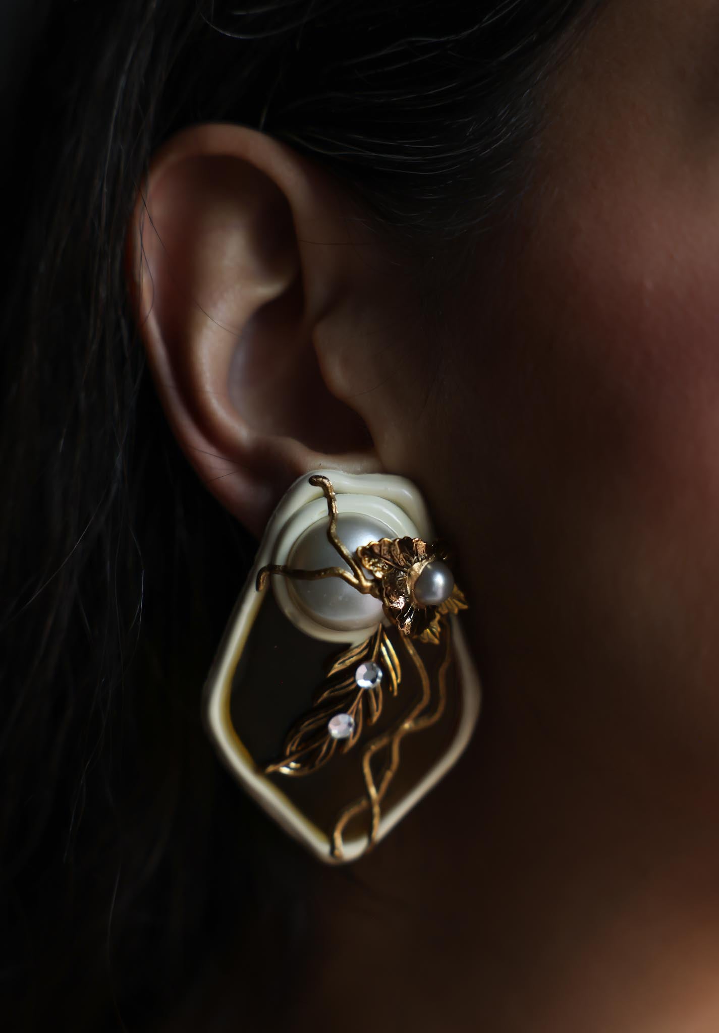 White and Gold-Tone Faux Pearl Leaf Clip-On Earrings