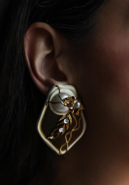 White and Gold-Tone Faux Pearl Leaf Clip-On Earrings