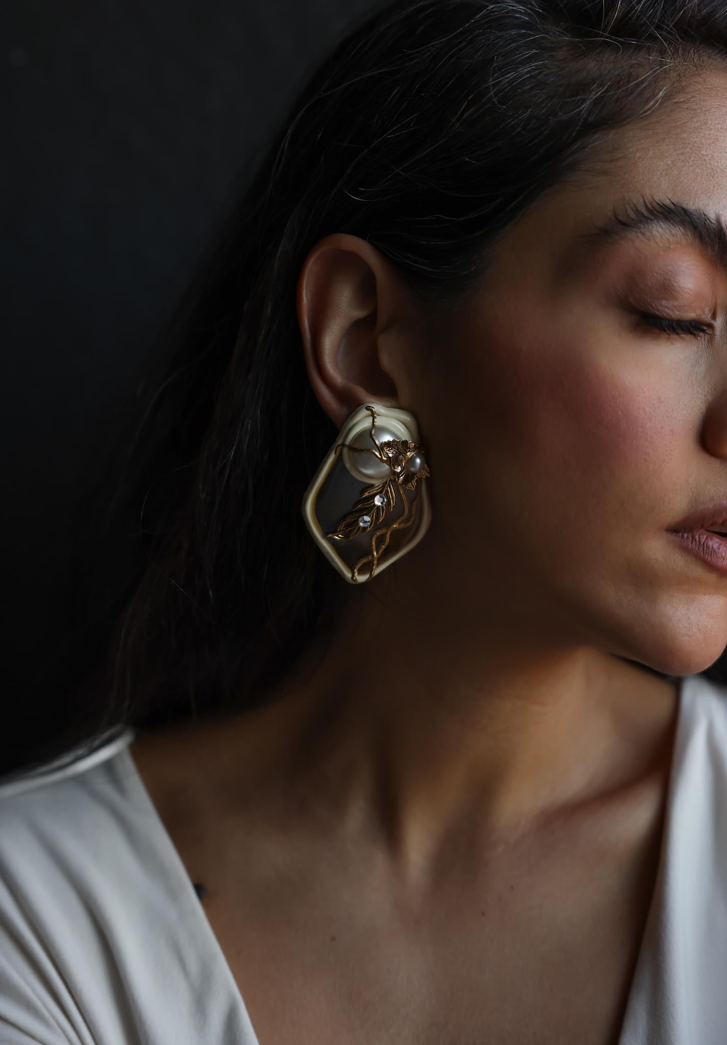 White and Gold-Tone Faux Pearl Leaf Clip-On Earrings