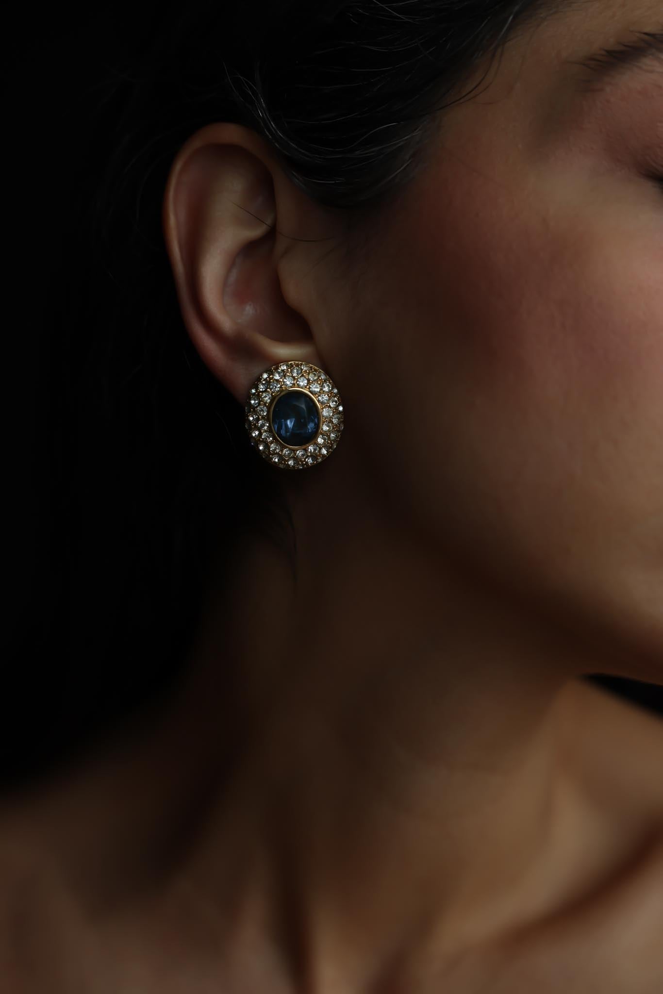 Navy Glass and Rhinestone Clip-On Earrings|Vintage Baazaar 