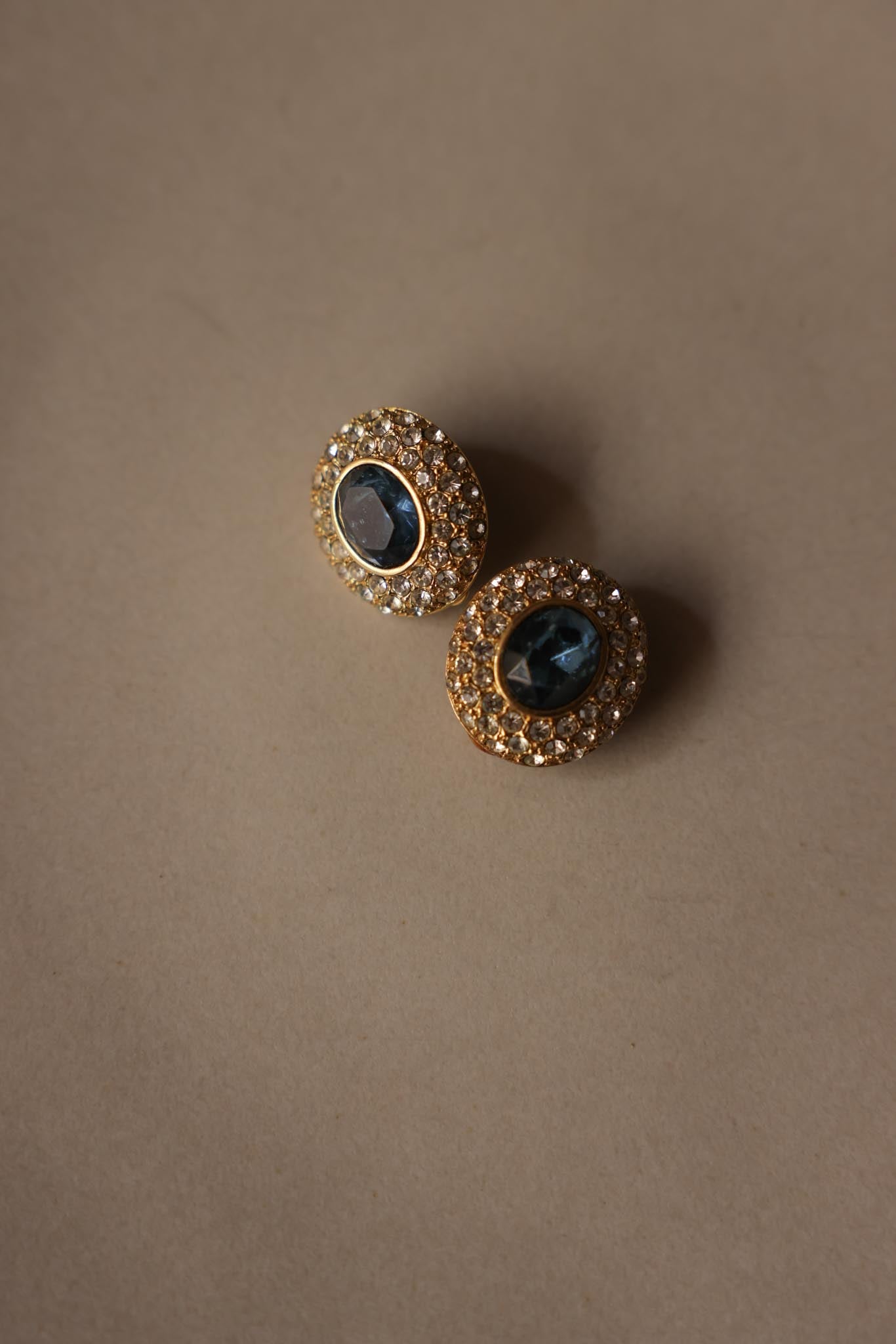 Navy Glass and Rhinestone Clip-On Earrings|Vintage Baazaar 