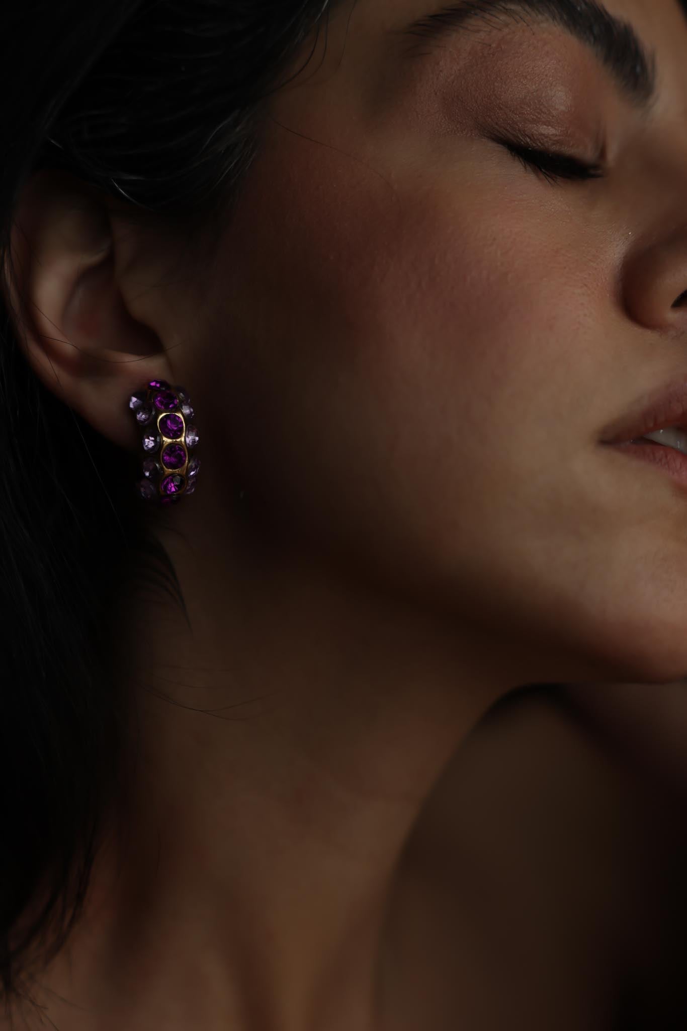 Purple Rhinestone Hoop Clip-On Earrings|Vintage Baazaar 