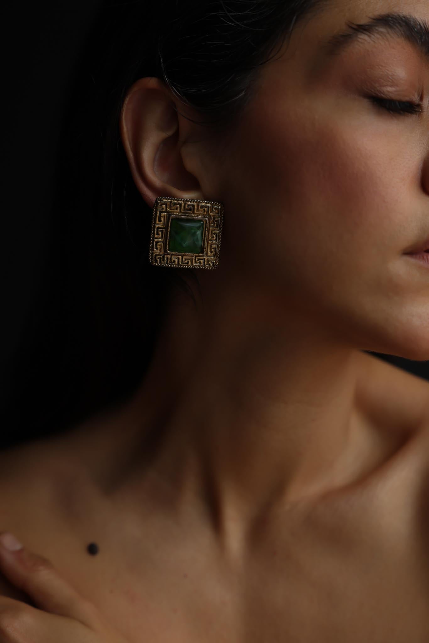 Green Cabochon Greek Key Clip-On Earrings|Vintage Baazaar 