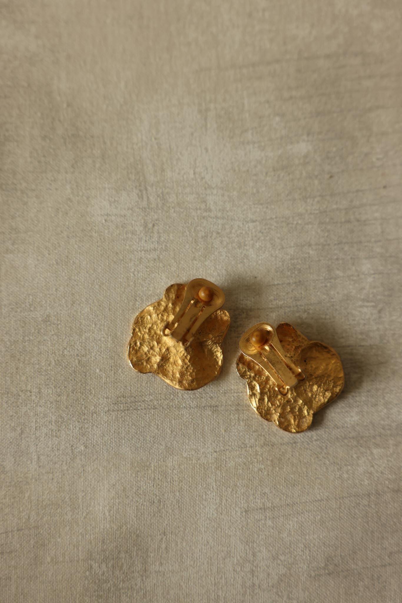 Matte Gold Flower Earrings with Red Center