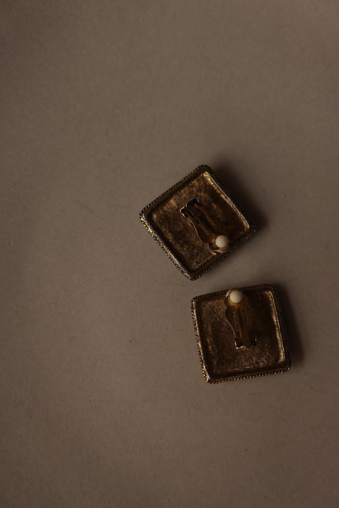 Green Cabochon Greek Key Clip-On Earrings|Vintage Baazaar 