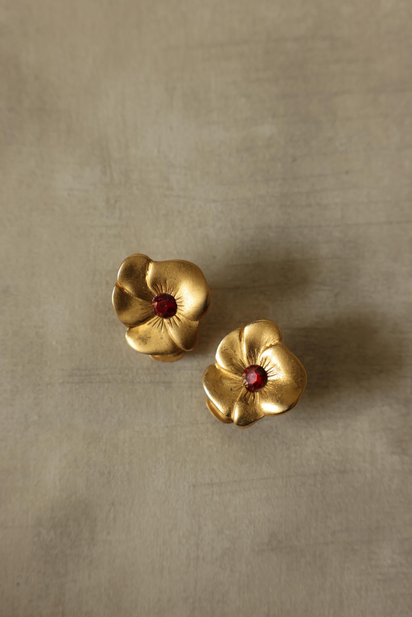Matte Gold Flower Earrings with Red Center