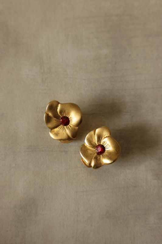 Matte Gold Flower Earrings with Red Center