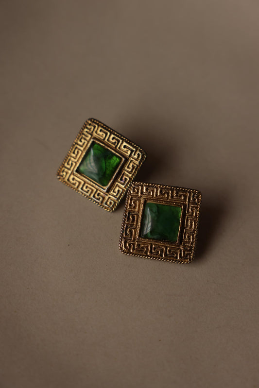 Green Cabochon Greek Key Clip-On Earrings|Vintage Baazaar 