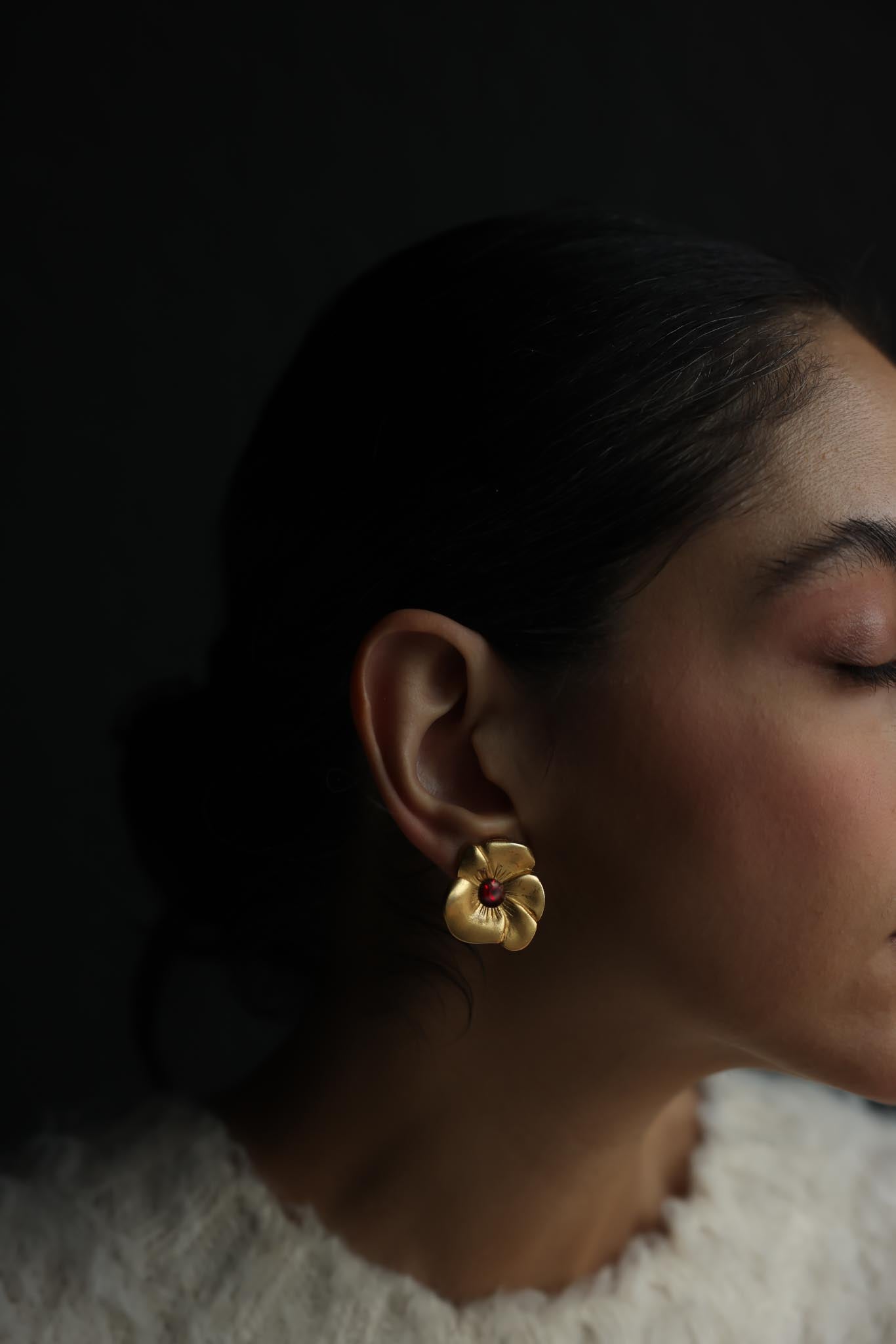 Matte Gold Flower Earrings with Red Center