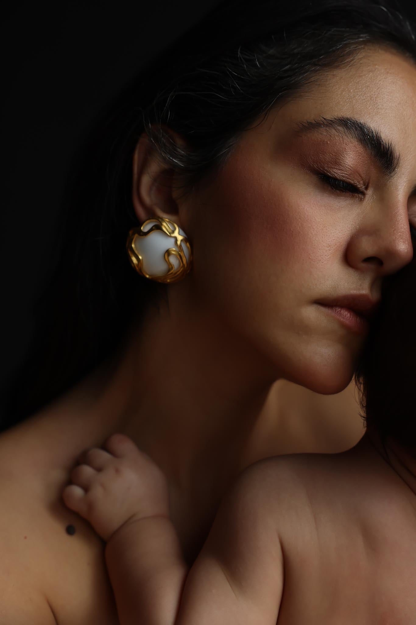 White Cabochon Gold-Plated Clip-On Earrings|Vintage Baazaar 