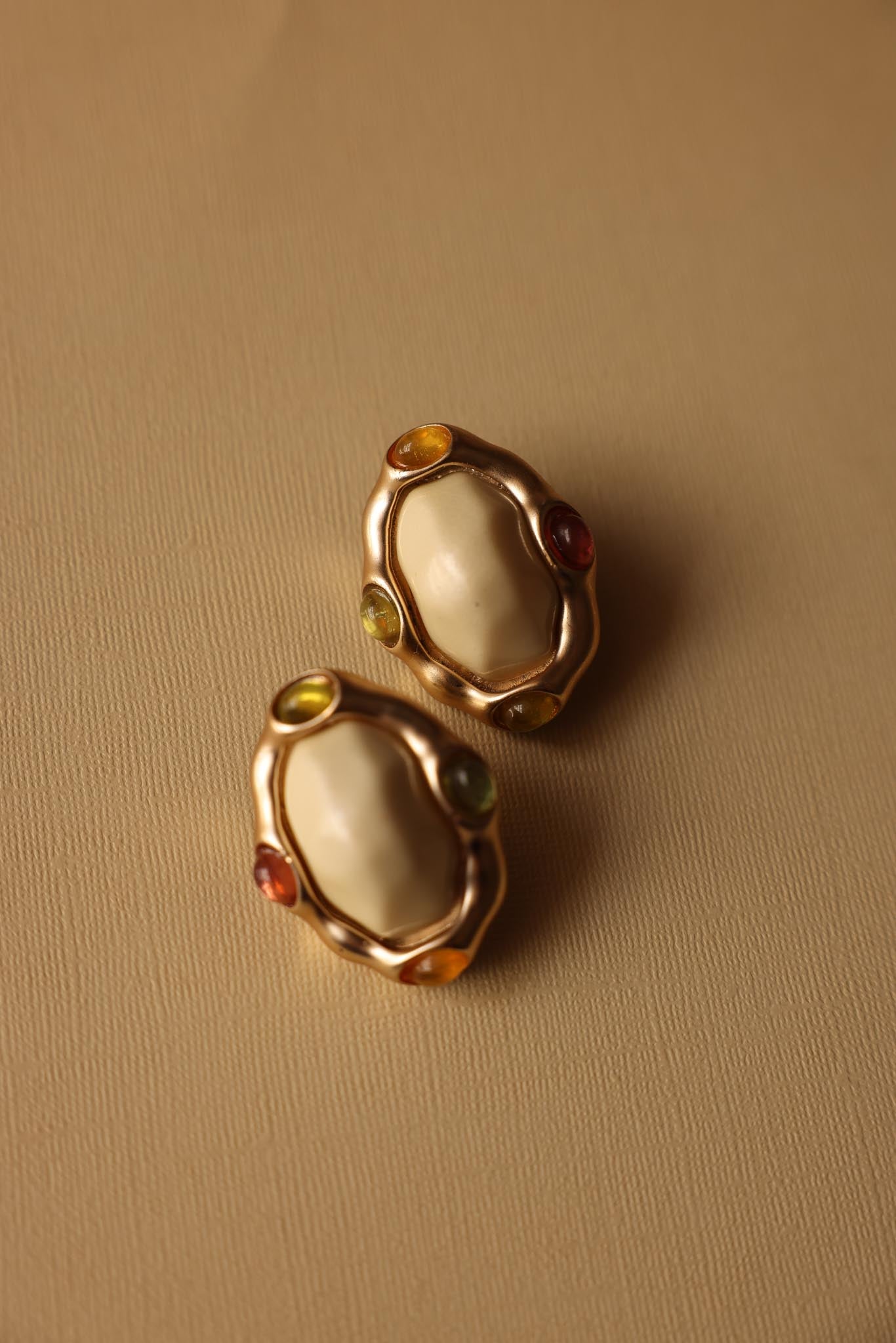 Matte Gold Clip-On Earrings with Multicolor Accents|Vintage Baazaar 