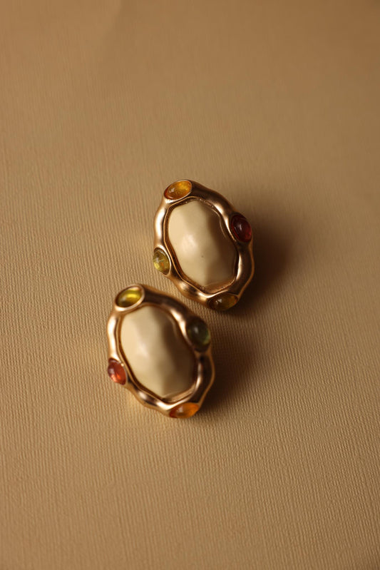 Matte Gold Clip-On Earrings with Multicolor Accents|Vintage Baazaar 