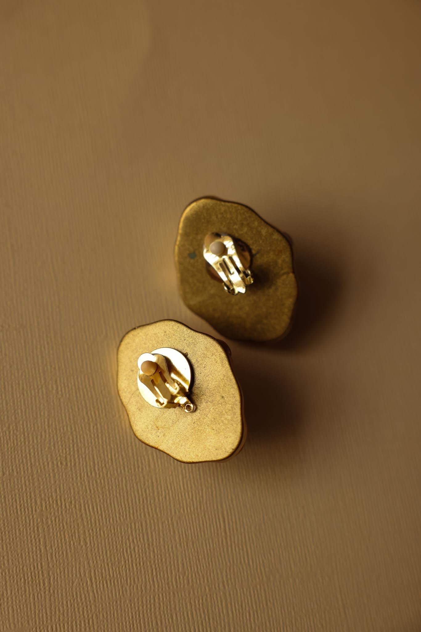 Matte Gold Clip-On Earrings with Multicolor Accents|Vintage Baazaar 