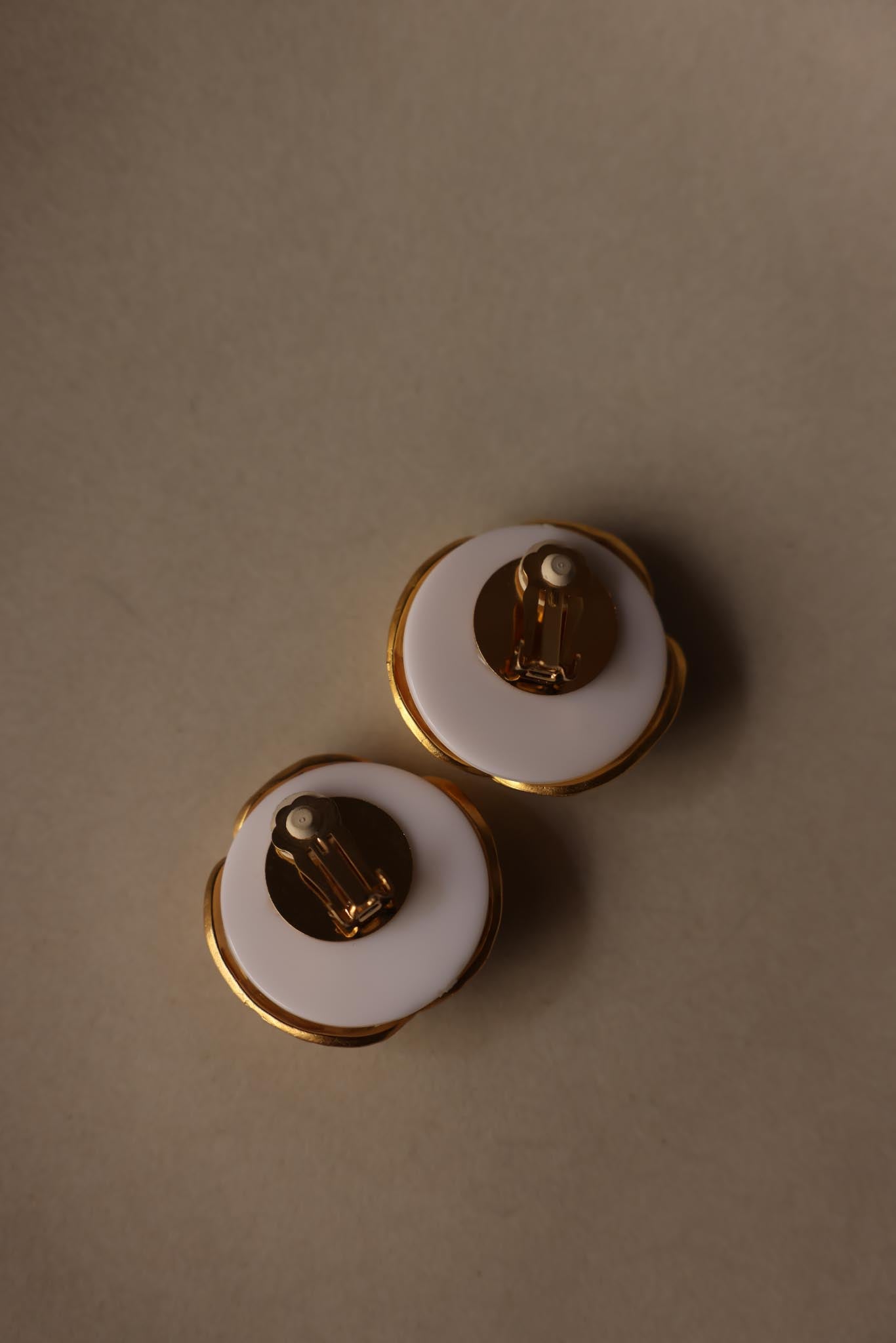White Cabochon Gold-Plated Clip-On Earrings|Vintage Baazaar 