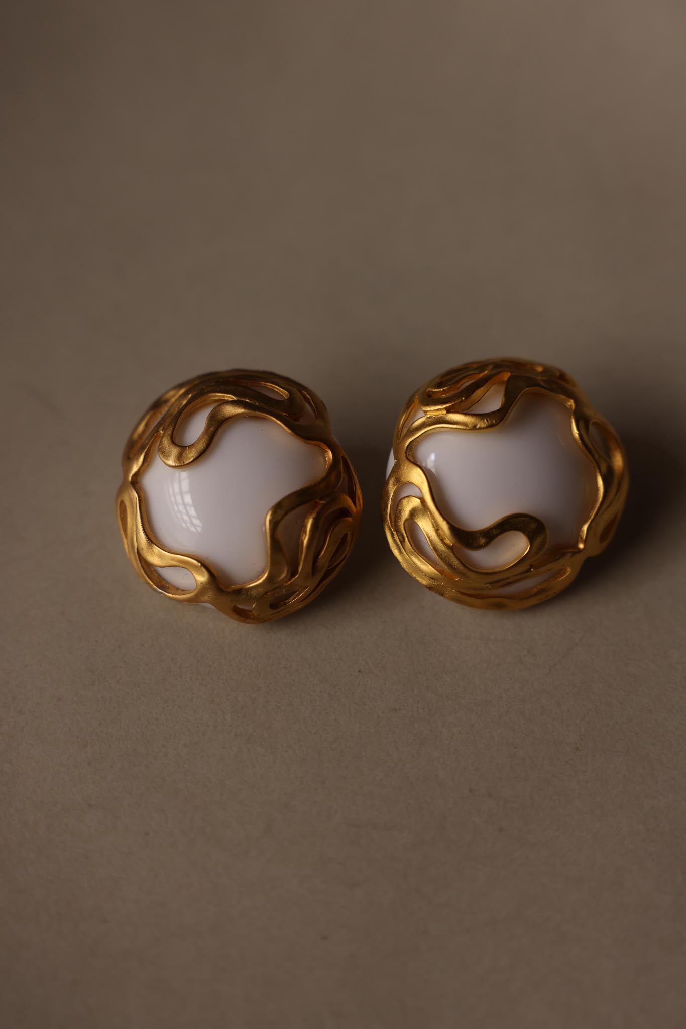 White Cabochon Gold-Plated Clip-On Earrings|Vintage Baazaar 