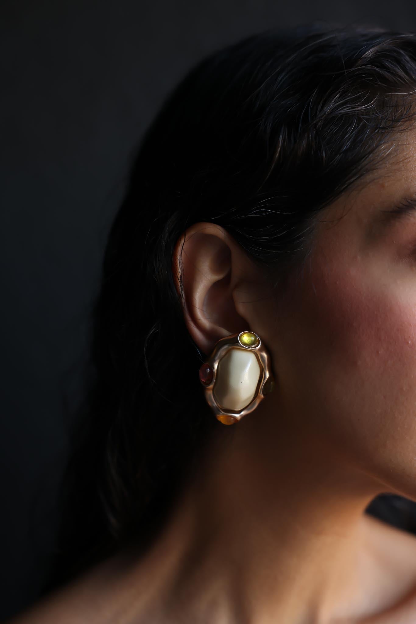 Matte Gold Clip-On Earrings with Multicolor Accents|Vintage Baazaar 